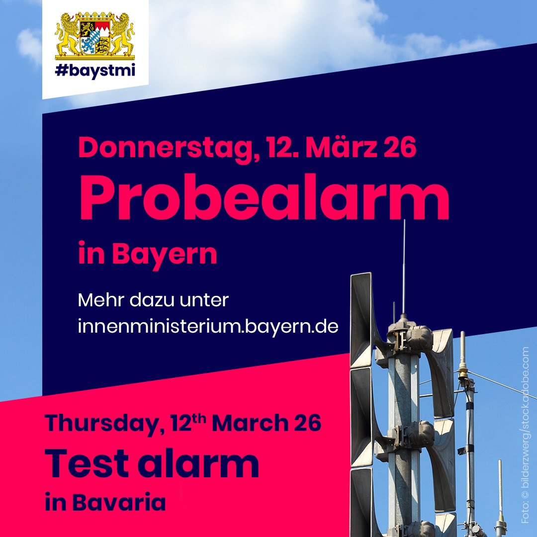 Das Bayerische Melde- und Lagezentrum (BayMLZ) im Bayerischen Staatsministerium des Innern, für Sport und Integration löst ab 11:00 Uhrbayernweit Warnmeldungen der Warnstufe 2 (Gefahrenmitteilung) über die Warn-Apps und Warnmultiplikatoren aus. Die Warnmeldungen erfolgen über Warn-Apps und Warnmultiplikatoren des Modularen Warnsystem (MoWaS). Dies umfasst besonders die Warn-Apps NINA, KATWARN und BIWAPP sowie Cell Broadcast.
Um 11:30 Uhr sendet das BayMLZ eine Entwarnung.

#hebertsfelden #feuerwehrhebertsfelden #freiwilligefeuerwehr #feuerwehr #ehrenamt helfenkannjeder rottalinn 112 seit1879