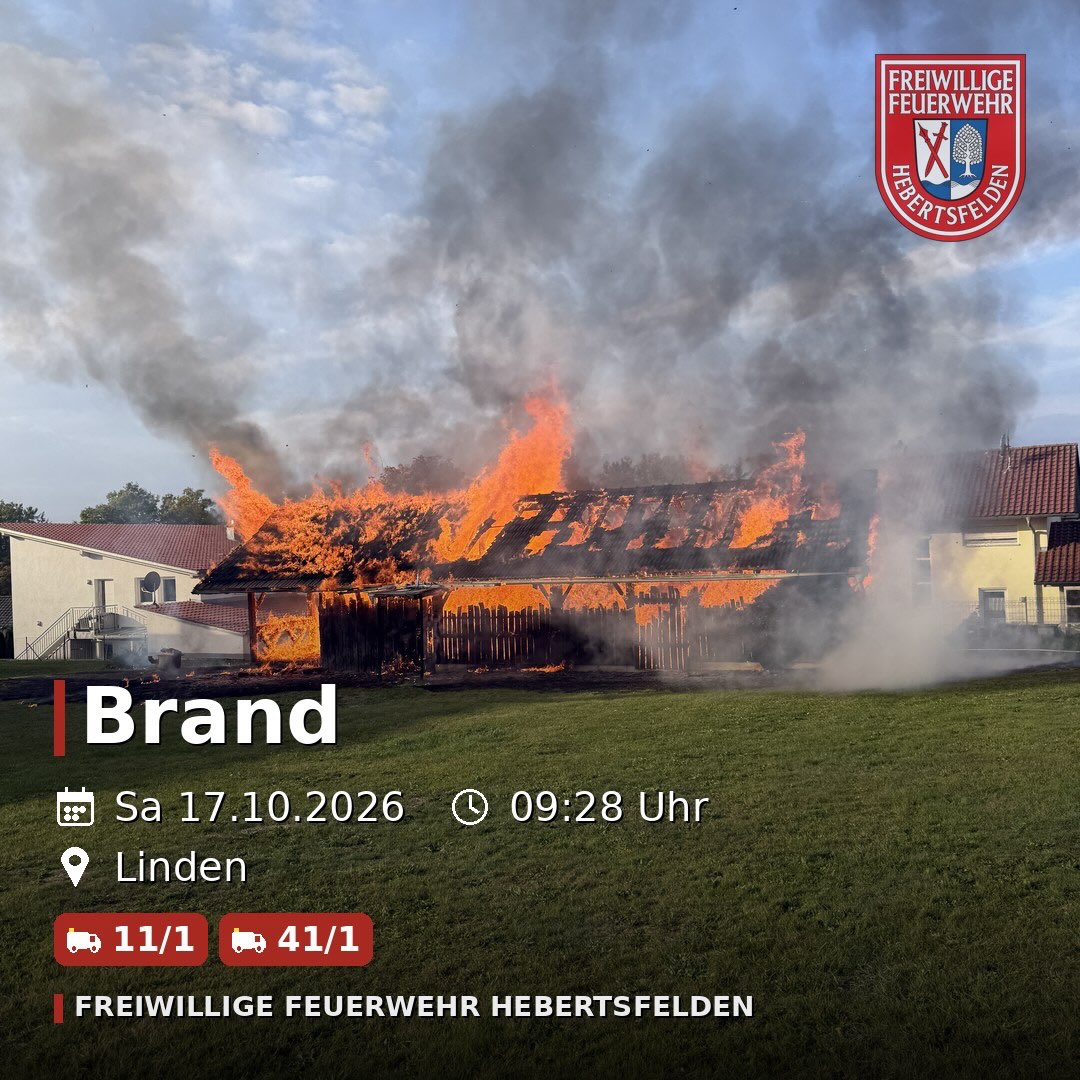 🚒🔥 Einsatz: Brand eines Schuppens

Gemeinsam mit den Feuerwehren @feuerwehreggenfelden und @_feuerwehr.linden_ wurden wir zu einem Schuppenbrand alarmiert.

Dank des schnellen und koordinierten Eingreifens aller Einsatzkräfte konnte das Feuer gelöscht und ein Übergreifen der Flammen auf benachbarte Gebäude erfolgreich verhindert werden. 💪🚒

#hebertsfelden #ehrenamt #112 #seit1879