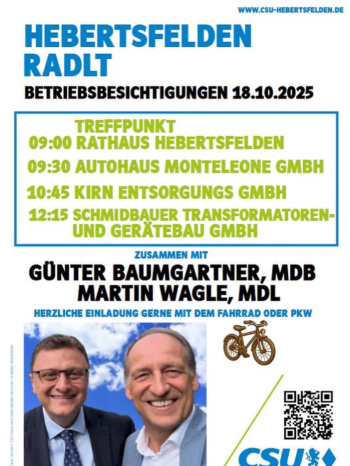 Hebertsfelden radelt, Betriebsbesichtigungen am 18.10.2025 

#CSU #Rottalinn #Hebertsfelden #AusderRegion #FürdieRegion #NäheramMenschen